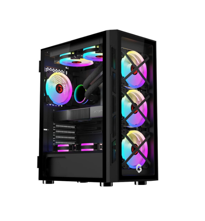 GameOn Trident Series Mid Tower Two Panel Front & Left Side Tempered Glass Case With 4 RGB Fans - Black