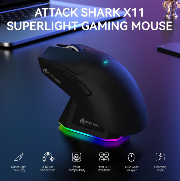 ATTACK SHARK X11 Wireless Gaming Mouse with RGB Charging Dock
