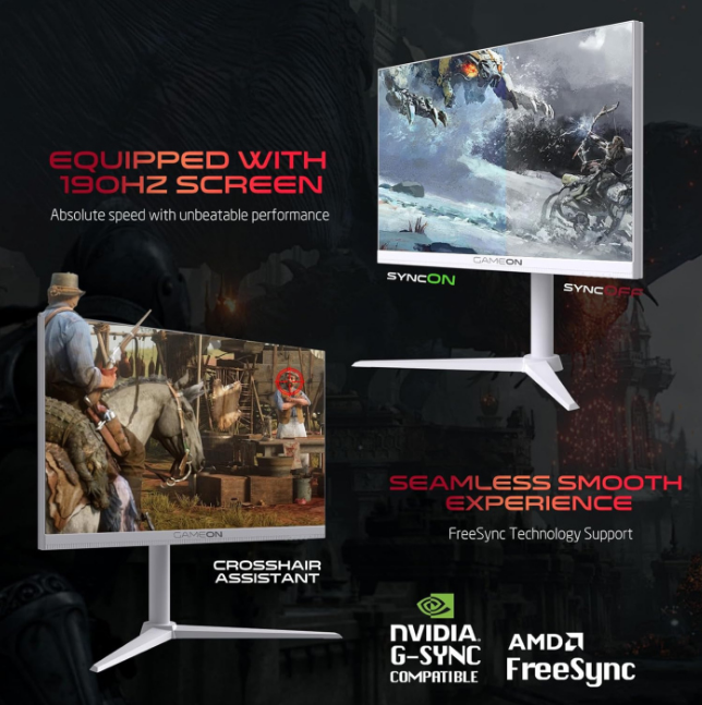 Gameon Artic Pro Series 24" FHD IPS 190Hz 0.5ms HDR Ready, Adustable Stand, HDMI2.1 With AMD FreeSync & Nvidia G-Sync Gaming Monitor - White