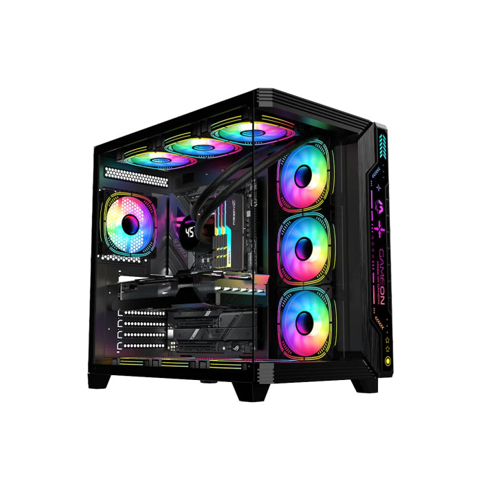 GameOn Pulse Series Mid Tower Two Panel Front &amp; Left Side Tempered Glass Case With 7 RGB Fans - Black 